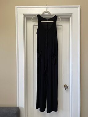 Quince Black Sleeveless Button-Front Jumpsuit with Pockets